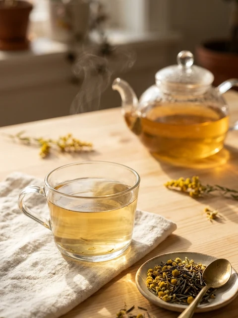 Trà Kim Tiền Thảo Râu Mèo đã pha xong, dùng nóng hoặc thêm đá