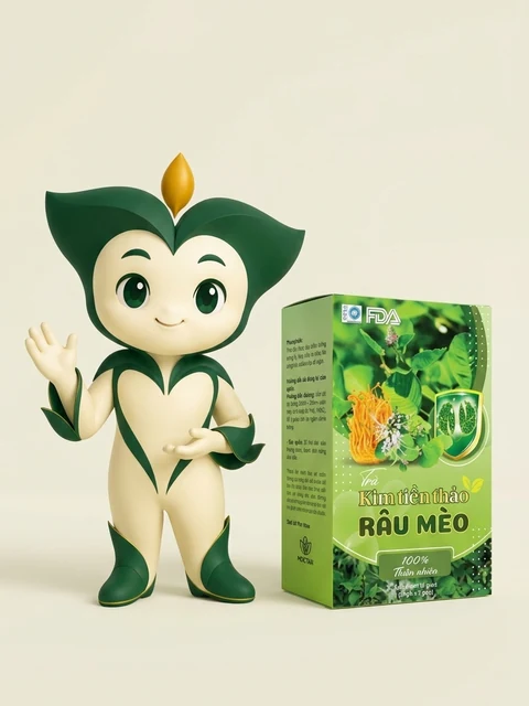Nhân vật Trà Tuệ Tâm đứng cạnh hộp Trà Kim Tiền Thảo Râu Mèo