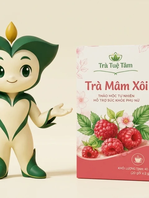 Nhân vật Trà Tuệ Tâm đứng cạnh hộp Trà Mâm Xôi