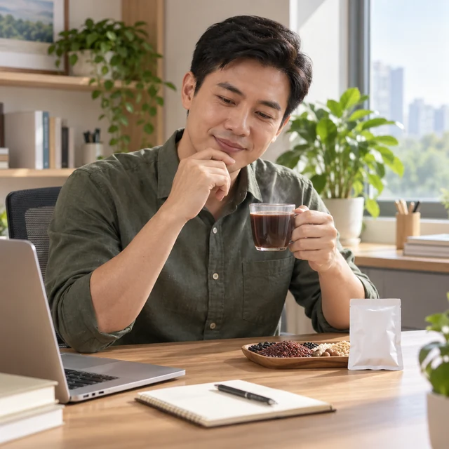 Một nam giới ngồi tại bàn làm việc, cầm ly bột ngũ cốc ấm bên cạnh một gói bột đã mở