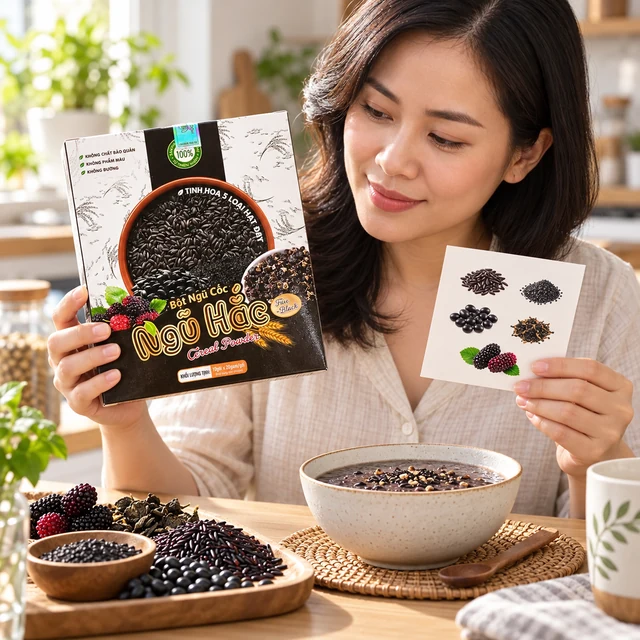 Một phụ nữ cầm hộp Bột Ngũ Cốc Ngũ Hắc xem thông tin thành phần in trên bao bì