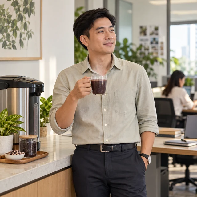 Một nam giới đứng cạnh máy nước nóng trong văn phòng, tay cầm ly bột ngũ cốc vừa pha