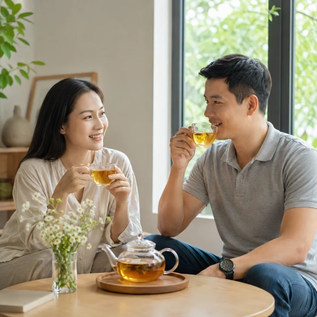 Người trưởng thành nghỉ giữa ngày với tách trà thảo mộc ấm.