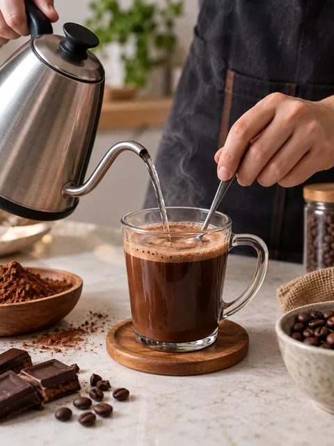 Thêm nước nóng và khuấy đều - Cà Phê Cacao Premium Coffee