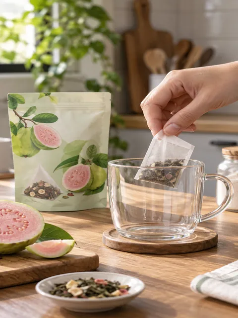 Cho gói trà vào cốc - Trà Ổi Heratea