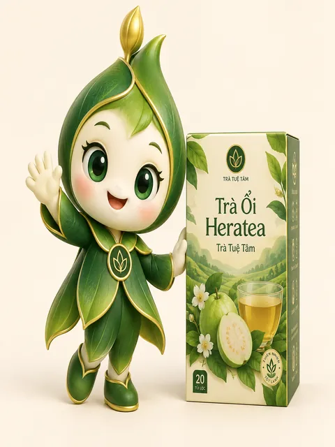 Nhân vật Trà Tuệ Tâm đứng cạnh hộp Trà Ổi Heratea
